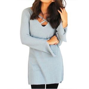 Free People Waterfall Criss Cross Sweater Top Blue EUC